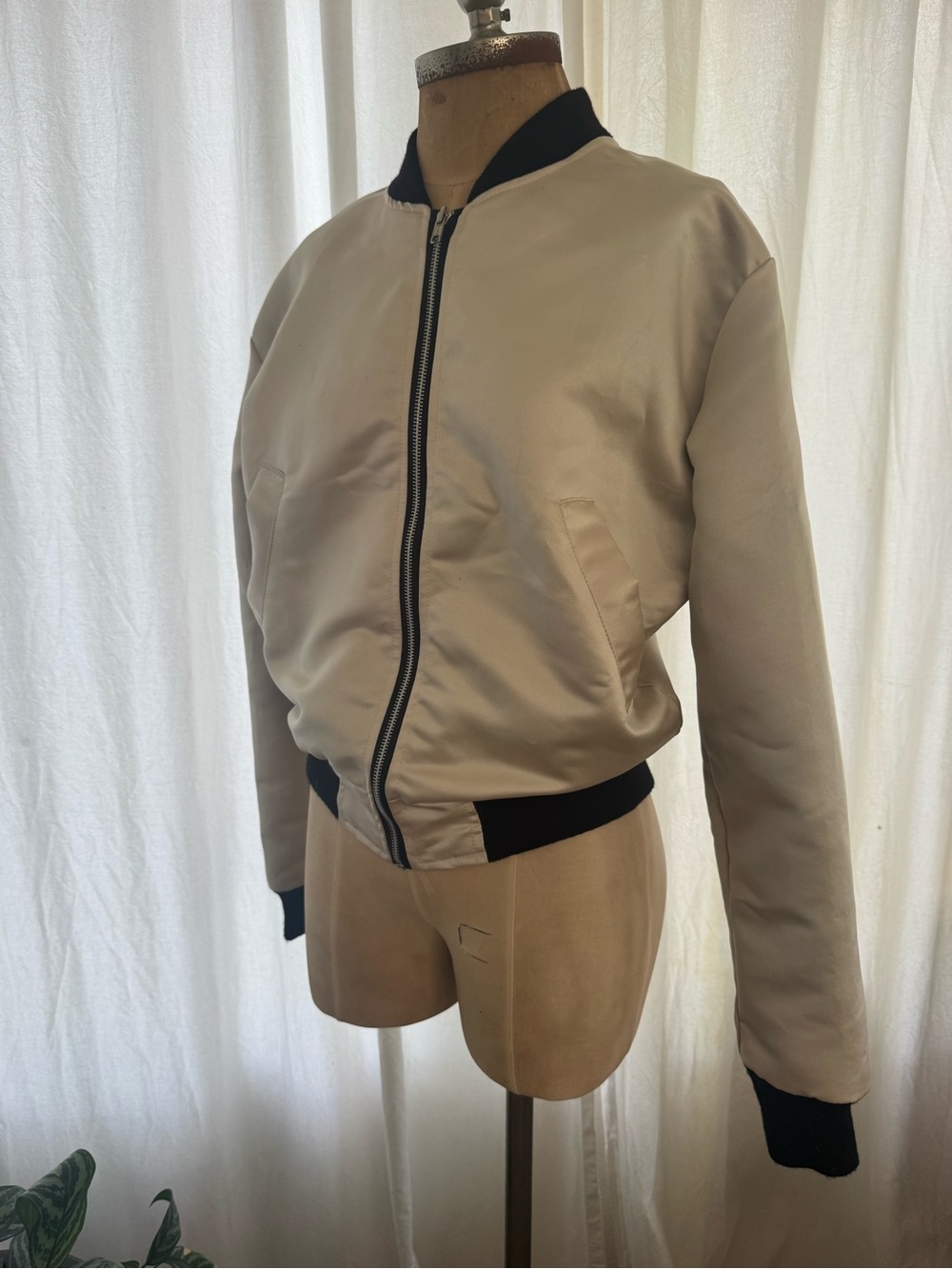 Urban Outfitters Cream Bomber Jacket with Black Trim